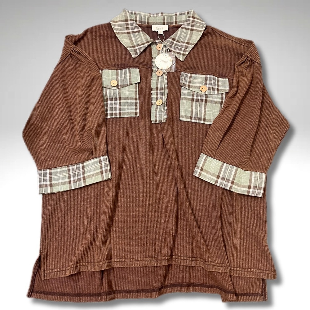 3XL Oddy Brown & Plaid Women’s / Juniors Long Sleeve Top NWT